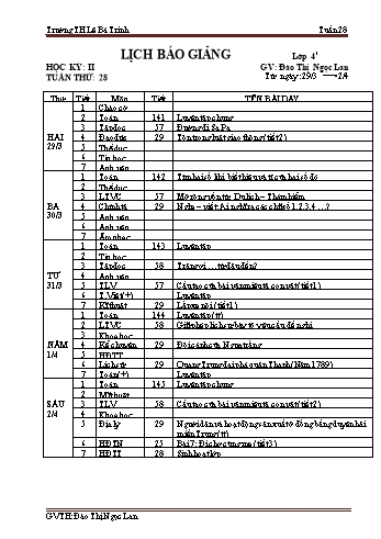 Lịch báo giảng học kì 2 lớp 4 - Tuần 28 Năm học 2020-2021 - Đào Thị Ngọc Lan - Trường Tiểu học Lê Bá Trinh