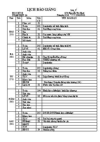 Lịch báo giảng học kì 2 lớp 5 - Tuần 20 Năm học 2020-2021 - Nguyễn Thị Huệ - Trường Tiểu học Lê Bá Trinh