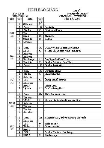 Lịch báo giảng học kì 2 lớp 5 - Tuần 21 Năm học 2020-2021 - Nguyễn Thị Huệ - Trường Tiểu học Lê Bá Trinh