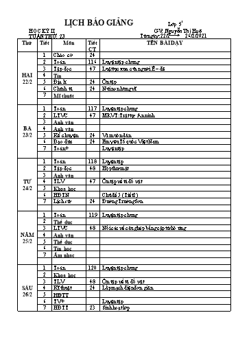 Lịch báo giảng học kì 2 lớp 5 - Tuần 23 Năm học 2020-2021 - Nguyễn Thị Huệ - Trường Tiểu học Lê Bá Trinh