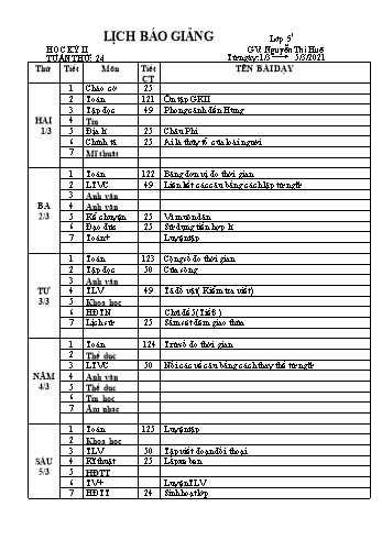 Lịch báo giảng học kì 2 lớp 5 - Tuần 24 Năm học 2020-2021 - Nguyễn Thị Huệ - Trường Tiểu học Lê Bá Trinh