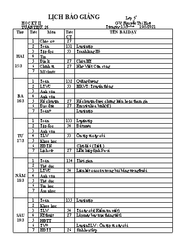 Lịch báo giảng học kì 2 lớp 5 - Tuần 26 Năm học 2020-2021 - Nguyễn Thị Huệ - Trường Tiểu học Lê Bá Trinh