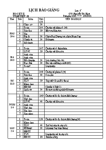 Lịch báo giảng học kì 2 lớp 5 - Tuần 28 Năm học 2020-2021 - Nguyễn Thị Huệ - Trường Tiểu học Lê Bá Trinh