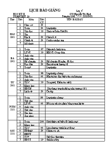 Lịch báo giảng học kì 2 lớp 5 - Tuần 29 Năm học 2020-2021 - Nguyễn Thị Huệ - Trường Tiểu học Lê Bá Trinh