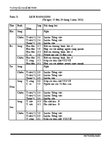 Lịch báo giảng học kì 2 - Tuần 21 Năm học 2020-2021 - Hà Thị Diệu Xuân - Trường Tiểu học Lê Bá Trinh