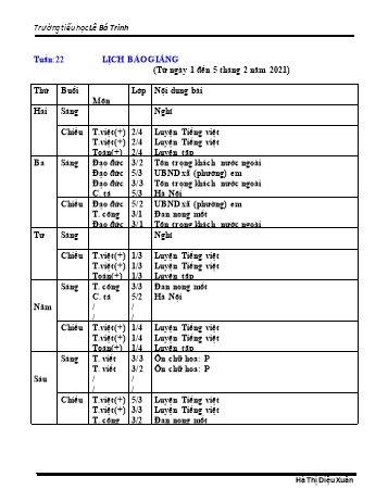 Lịch báo giảng học kì 2 - Tuần 22 Năm học 2020-2021 - Hà Thị Diệu Xuân - Trường Tiểu học Lê Bá Trinh