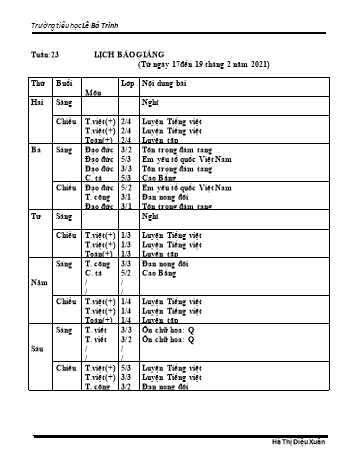 Lịch báo giảng học kì 2 - Tuần 23 Năm học 2020-2021 - Hà Thị Diệu Xuân - Trường Tiểu học Lê Bá Trinh