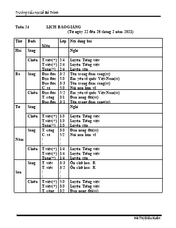 Lịch báo giảng học kì 2 - Tuần 24 Năm học 2020-2021 - Hà Thị Diệu Xuân - Trường Tiểu học Lê Bá Trinh