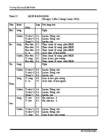 Lịch báo giảng học kì 2 - Tuần 25 Năm học 2020-2021 - Hà Thị Diệu Xuân - Trường Tiểu học Lê Bá Trinh