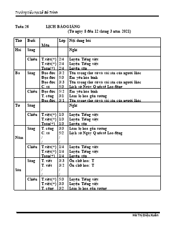 Lịch báo giảng học kì 2 - Tuần 26 Năm học 2020-2021 - Hà Thị Diệu Xuân - Trường Tiểu học Lê Bá Trinh