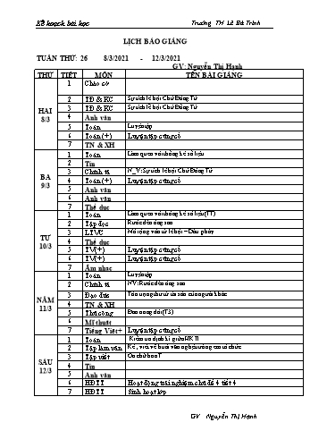 Lịch báo giảng học kì 2 - Tuần 26 Năm học 2020-2021 - Nguyễn Thị Hạnh - Trường Tiểu học Lê Bá Trinh