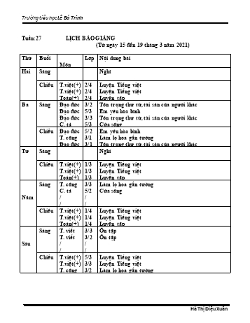 Lịch báo giảng học kì 2 - Tuần 27 Năm học 2020-2021 - Hà Thị Diệu Xuân - Trường Tiểu học Lê Bá Trinh