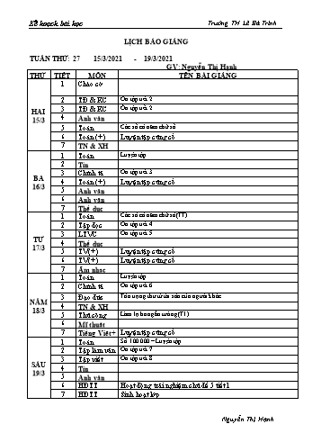 Lịch báo giảng học kì 2 - Tuần 27 Năm học 2020-2021 - Nguyễn Thị Hạnh - Trường Tiểu học Lê Bá Trinh