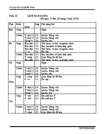 Lịch báo giảng học kì 2 - Tuần 28 Năm học 2020-2021 - Hà Thị Diệu Xuân - Trường Tiểu học Lê Bá Trinh