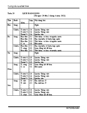 Lịch báo giảng học kì 2 - Tuần 29 Năm học 2020-2021 - Hà Thị Diệu Xuân - Trường Tiểu học Lê Bá Trinh