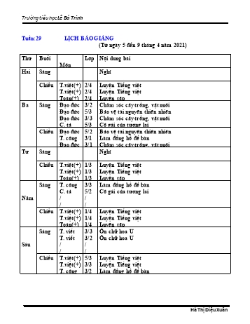 Lịch báo giảng học kì 2 - Tuần 30 Năm học 2020-2021 - Hà Thị Diệu Xuân - Trường Tiểu học Lê Bá Trinh