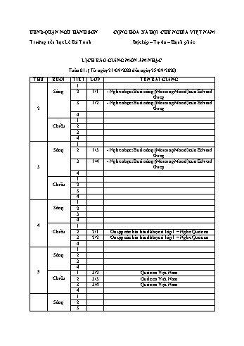 Lịch báo giảng môn Âm nhạc học kì 1 - Tuần 01 Năm học 2020-2021 - Trường Tiểu học Lê Bá Trinh