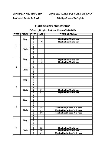 Lịch báo giảng môn Âm nhạc học kì 1 - Tuần 02 Năm học 2020-2021 - Trường Tiểu học Lê Bá Trinh
