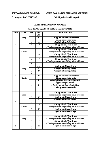 Lịch báo giảng môn Âm nhạc học kì 1 - Tuần 03 Năm học 2020-2021 - Trường Tiểu học Lê Bá Trinh