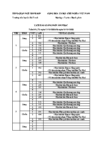 Lịch báo giảng môn Âm nhạc học kì 1 - Tuần 04 Năm học 2020-2021 - Trường Tiểu học Lê Bá Trinh