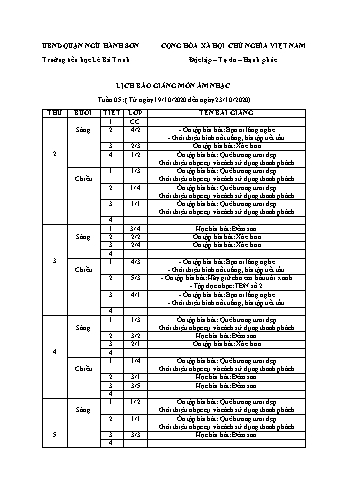 Lịch báo giảng môn Âm nhạc học kì 1 - Tuần 05 Năm học 2020-2021 - Trường Tiểu học Lê Bá Trinh