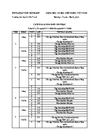 Lịch báo giảng môn Âm nhạc học kì 1 - Tuần 07 Năm học 2020-2021 - Trường Tiểu học Lê Bá Trinh