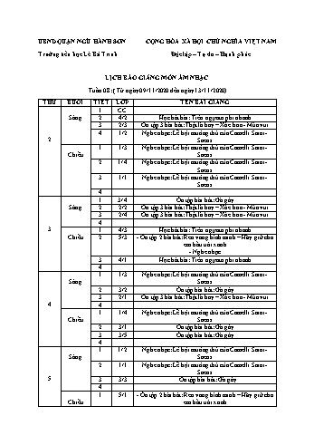 Lịch báo giảng môn Âm nhạc học kì 1 - Tuần 08 Năm học 2020-2021 - Trường Tiểu học Lê Bá Trinh