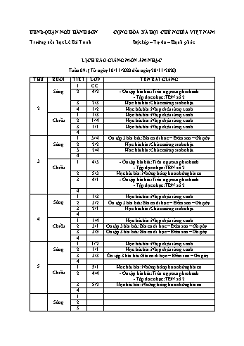 Lịch báo giảng môn Âm nhạc học kì 1 - Tuần 09 Năm học 2020-2021 - Trường Tiểu học Lê Bá Trinh