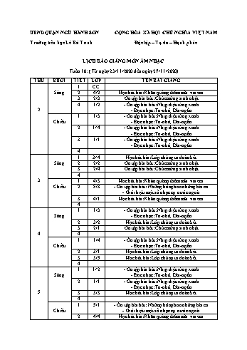 Lịch báo giảng môn Âm nhạc học kì 1 - Tuần 10 Năm học 2020-2021 - Trường Tiểu học Lê Bá Trinh