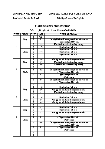 Lịch báo giảng môn Âm nhạc học kì 1 - Tuần 11 Năm học 2020-2021 - Trường Tiểu học Lê Bá Trinh