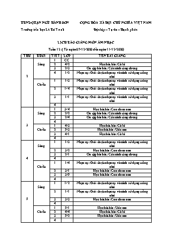 Lịch báo giảng môn Âm nhạc học kì 1 - Tuần 12 Năm học 2020-2021 - Trường Tiểu học Lê Bá Trinh