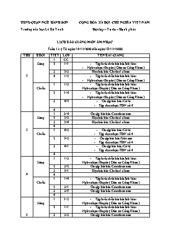 Lịch báo giảng môn Âm nhạc học kì 1 - Tuần 13 Năm học 2020-2021 - Trường Tiểu học Lê Bá Trinh