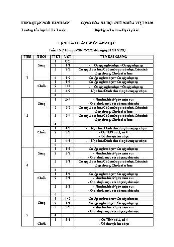 Lịch báo giảng môn Âm nhạc học kì 1 - Tuần 15 Năm học 2020-2021 - Trường Tiểu học Lê Bá Trinh