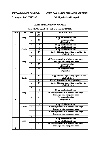 Lịch báo giảng môn Âm nhạc học kì 1 - Tuần 16 Năm học 2020-2021 - Trường Tiểu học Lê Bá Trinh