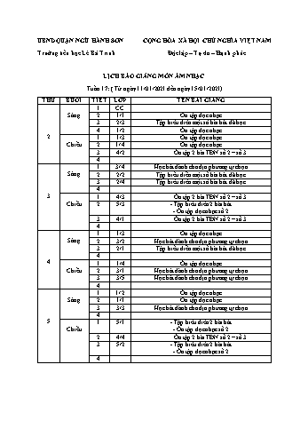 Lịch báo giảng môn Âm nhạc học kì 1 - Tuần 17 Năm học 2020-2021 - Trường Tiểu học Lê Bá Trinh