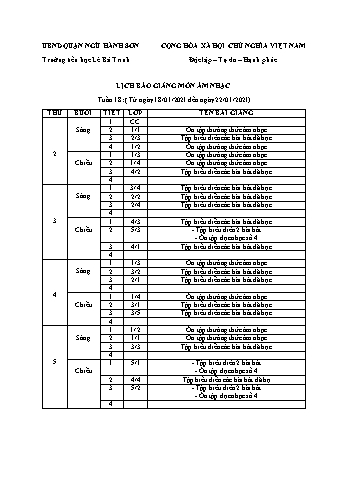 Lịch báo giảng môn Âm nhạc học kì 1 - Tuần 18 Năm học 2020-2021 - Trường Tiểu học Lê Bá Trinh