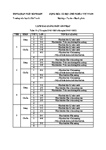 Lịch báo giảng môn Âm nhạc học kì 1 - Tuần 19 Năm học 2020-2021 - Trường Tiểu học Lê Bá Trinh