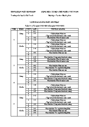 Lịch báo giảng môn Âm nhạc học kì 1 - Tuần 21 Năm học 2020-2021 - Trường Tiểu học Lê Bá Trinh