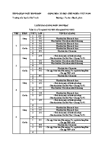 Lịch báo giảng môn Âm nhạc học kì 1 - Tuần 23 Năm học 2020-2021 - Trường Tiểu học Lê Bá Trinh