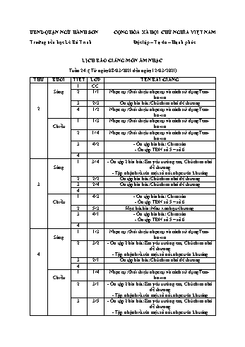 Lịch báo giảng môn Âm nhạc học kì 1 - Tuần 24 Năm học 2020-2021 - Trường Tiểu học Lê Bá Trinh