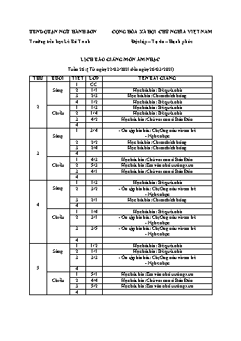 Lịch báo giảng môn Âm nhạc học kì 2 - Tuần 26 Năm học 2020-2021 - Trường Tiểu học Lê Bá Trinh