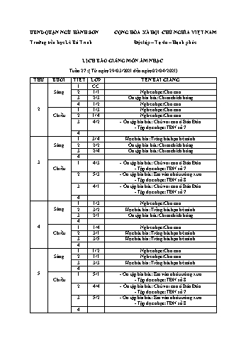 Lịch báo giảng môn Âm nhạc học kì 2 - Tuần 27 Năm học 2020-2021 - Trường Tiểu học Lê Bá Trinh