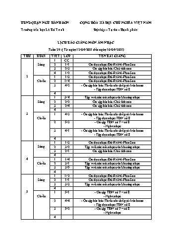 Lịch báo giảng môn Âm nhạc học kì 2 - Tuần 29 Năm học 2020-2021 - Trường Tiểu học Lê Bá Trinh