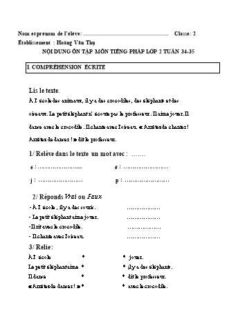 Nội dung ôn tập môn Tiếng Pháp Lớp 2 - Tuần 34-35