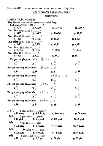 Nội dung ôn tập môn Toán ở nhà lớp 5