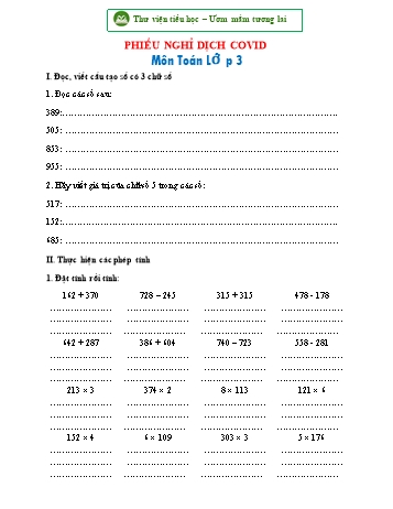 Phiếu nghỉ dịch Covid môn Toán Lớp 3 - Năm học 2020-2021