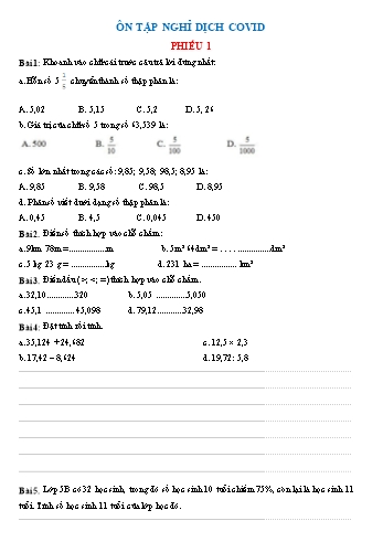 Phiếu ôn tập nghỉ dịch Covid môn Toán Lớp 5 - Năm học 2020-2021 (Lần 3)