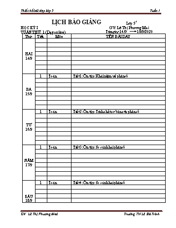 Thiết kế bài dạy học kì 1 lớp 5 - Tuần 1 Năm học 2020-2021 - Lê Thị Phương Mai - Trường Tiểu học Lê Bá Trinh