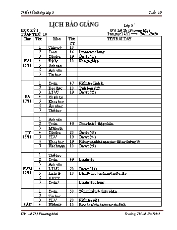 Thiết kế bài dạy học kì 1 lớp 5 - Tuần 10 Năm học 2020-2021 - Lê Thị Phương Mai - Trường Tiểu học Lê Bá Trinh