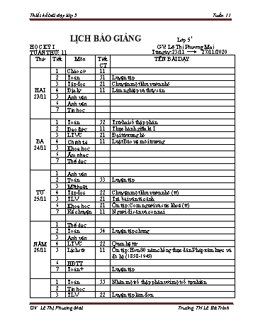 Thiết kế bài dạy học kì 1 lớp 5 - Tuần 11 Năm học 2020-2021 - Lê Thị Phương Mai - Trường Tiểu học Lê Bá Trinh